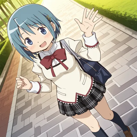 masterpiece, best quality, newest, absurdres, highres, safe, anime style, anime capture, anime screen, 1girl, solo, mahou shoujo madoka magica, miki sayaka, blue eyes, blue hair, short hair, hairclip, mitakihara school uniform, collared shirt, juliet sleev...