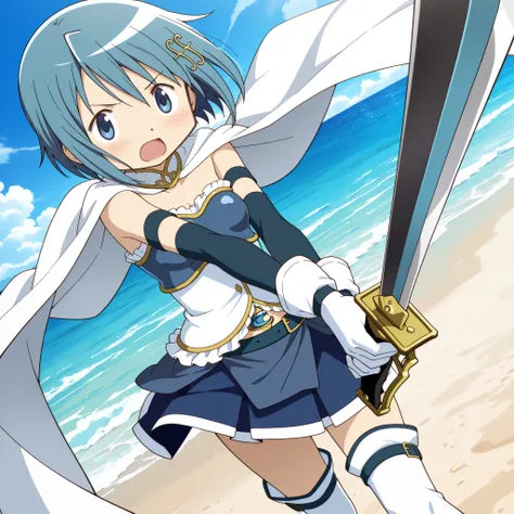 masterpiece, best quality, newest, absurdres, highres, safe, anime style, anime capture, anime screen, 1girl, solo, mahou shoujo madoka magica, miki sayaka, blue eyes, blue hair, short hair, fortissimo hair ornament, white cape, frilly dress, armband, elbo...