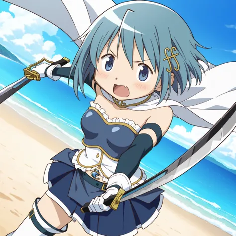 masterpiece, best quality, newest, absurdres, highres, safe, anime style, anime capture, anime screen, 1girl, solo, mahou shoujo madoka magica, miki sayaka, blue eyes, blue hair, short hair, fortissimo hair ornament, white cape, frilly dress, armband, elbo...