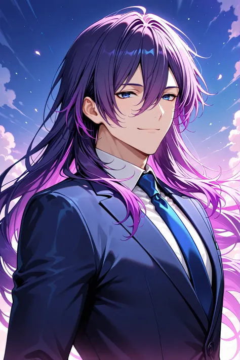1man, Deep violet hair, long hair, dark blue eyes, smile, simple suit