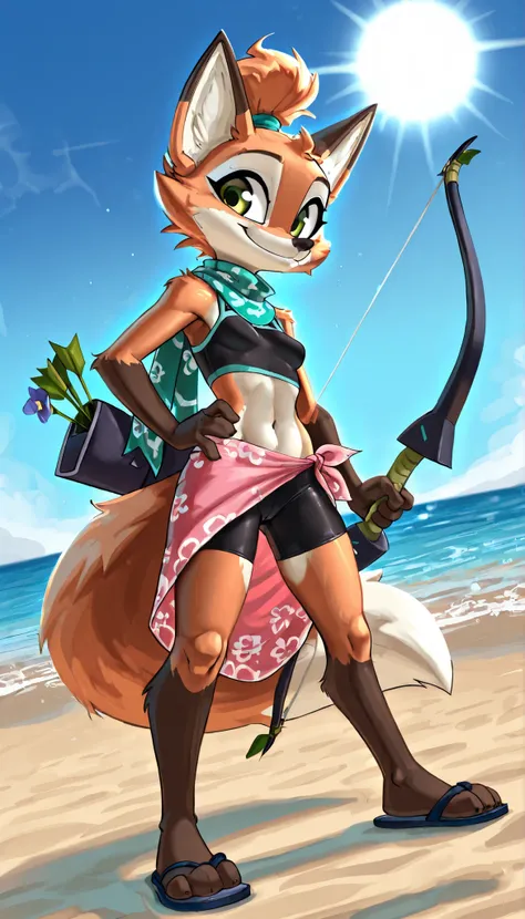 score_9, score_8_up, score_7_up, 1girl, source furry, absurdres, masterpiece, best quality, amazing quality, siroc, solo, dynamic angle, fleetfox, furry, fox, orange body fur, green eyes, female, short hair, spiky pointed bangs tuft, fleetSummer, black tan...