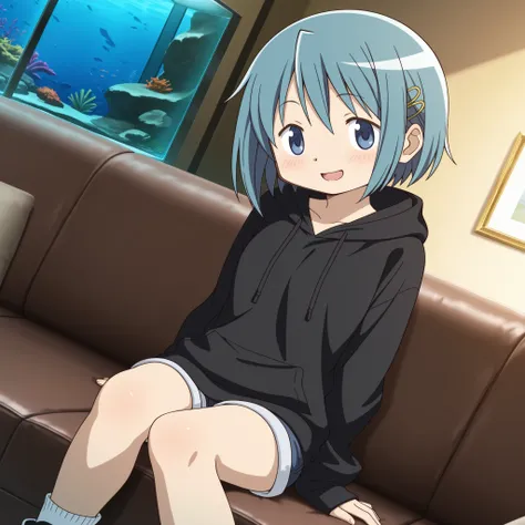 masterpiece, best quality, newest, absurdres, highres, safe, anime style, anime capture, anime screen, 1girl, solo, mahou shoujo madoka magica, miki sayaka, blue eyes, blue hair, short hair, fortissimo hair ornament, black hoodie, shorts, white socks, blac...