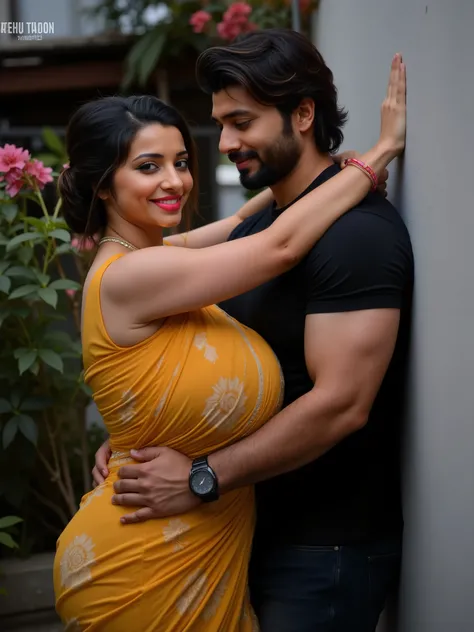 Busty indian curvy thick women, wearing Yellow saree, a man holding her both the arms against the wall and trying to kiss her