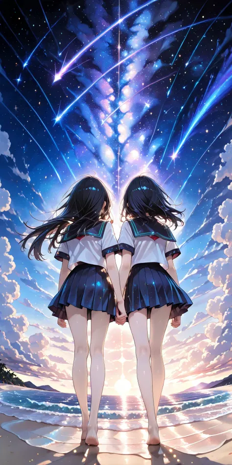 ((from below)), 
masterpiece, best quality, high resolution, detailed, official art, amazing quality, very aesthetic, absurdres, newest, anime screencap, 
safe, ((2girls)), 
(serafuku), school uniform, dark blue sailor collar, pleated skirt, dark blue skir...