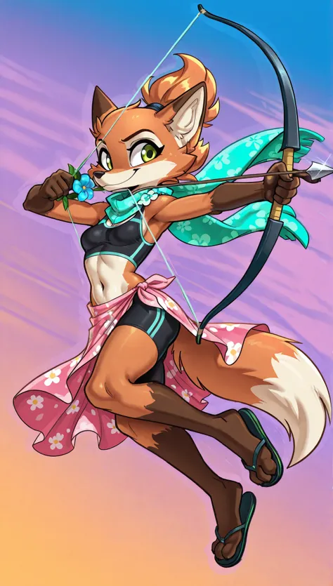 score_9, score_8_up, score_7_up, 1girl, source furry, absurdres, masterpiece, best quality, amazing quality, siroc, solo, dynamic angle, fleetfox, furry, fox, orange fur, green eyes, female, short hair, spiky pointed bangs tuft, fleetSummer, ((black tankin...