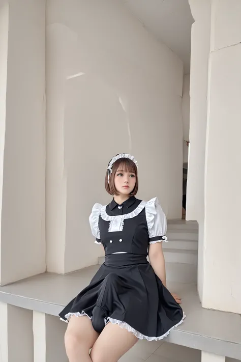 is dressed as a cute short haired maid、shy and blushing boy, wearing a classic black and white short maid outfit with visible white panty underneath the skirt, short silver twin tail hairstyle, soft lighting for Do M, staring shyly, Sitting,panty under a s...