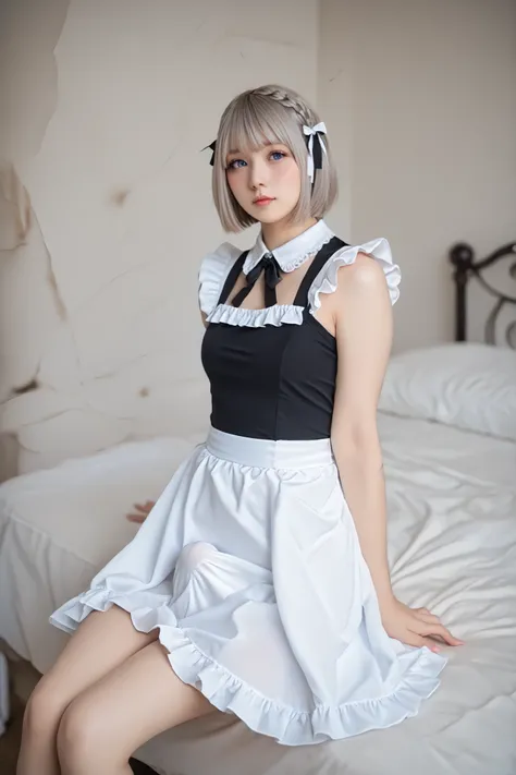 is dressed as a cute short haired maid、Slender boy who is shy and blushes, wearing a classic black short maid outfit with visible white panty underneath the miniskirt, short silver twin tail hairstyle, soft lighting for Do M, staring shyly, Sitting,panty u...