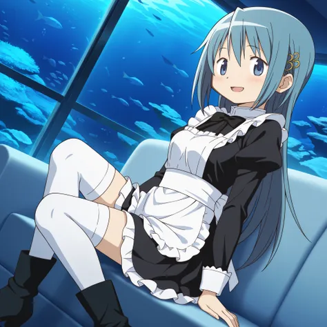 masterpiece, best quality, newest, absurdres, highres, safe, anime style, anime capture, anime screen, 1girl, solo, mahou shoujo madoka magica, miki sayaka, blue eyes, blue hair, long hair, hair down, fortissimo hair ornament, maid clothes, white kneehigh,...