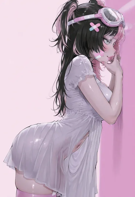 (((black hair and pink split-color hair)), bangs sexy, ((white goggles on head,)) bandaid on cheek, blush, (((white eyelashes))), pink lip gloss, white eyelashes ,two sides up with curl at end, st003 , 1girl , solo , long eyelashes , pastel washed out colo...