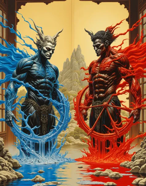 Japanese Yokai.. Twins of Destiny.. (Waterwheel Personification).. (Firewheel Personifica)..tion..Color Vivid Fear Personification.. Annoyance...Folding Screen Style...super fine art photograph..