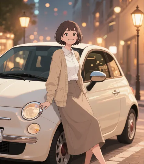 ( masterpiece :1.2, Highest Quality),( very detailed), warm anime-style hand-drawn portrait, 2015 Fiat 500,A mature little woman with a neat short bob hairstyle, leaning on a small compact car,Relaxing with one leg crossed, over a white blouse and long ski...