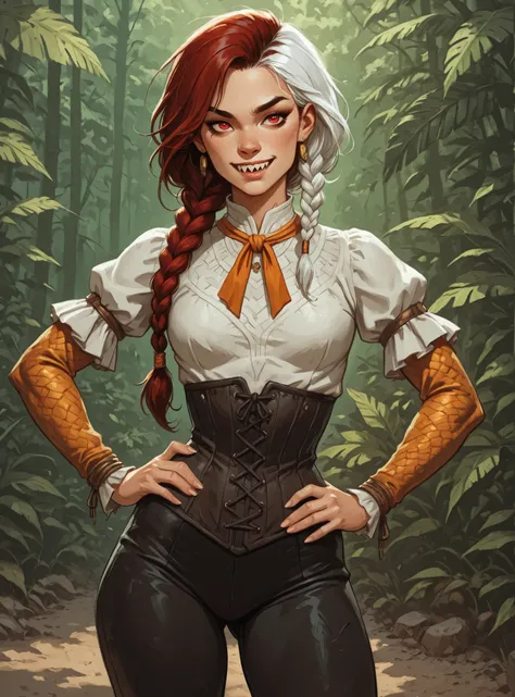 Drawn like the artist Bob Kehl. The indiginous (Inca) girl has white and dark hair, darker skin, red-coloured eyes, with sharp teeth, athletic body and abs. Cute, round and young face. White highlights in her braid. She wears Aztec leather outfit with snak...