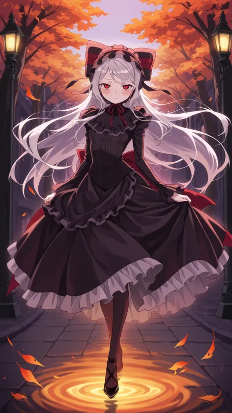 BREAK (masterpiece:1.2), best quality, high resolution, unity 8k wallpaper, (illustration:0.8), (beautiful detailed eyes:1.6),Tree-lined path covered in red and orange leaves,
dim street lamps casting warm pools of light,
gentle breeze scattering leave...