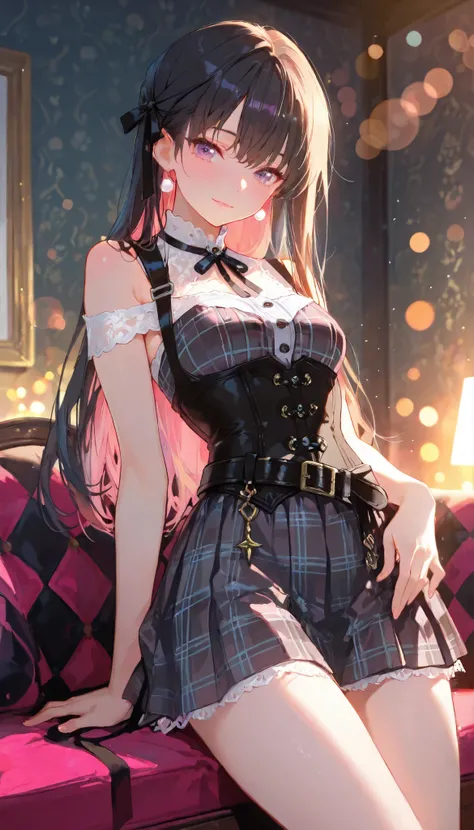 (Best Quality, super detailed, masterpiece, 8k, 16k, Wallpaper, Anatomically correct, fine detailed skin, fine detailed eyes, fine detailed hands, Accurate hands), 1 girl, 20 years old, (tall slender) body, medium chest, light-smile, a stylish plaid mini d...