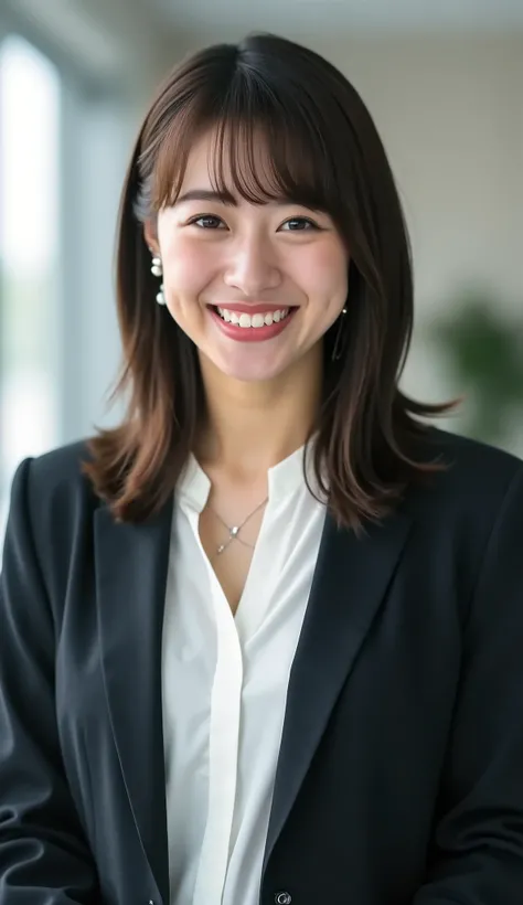 Neat Young Woman、and look at the camera、office lady suit、jacket、shirt、ネックレス、、ear piercing、薄い茶髪、smile showing teeth、背景はオフィス

