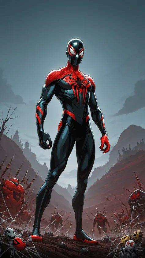 A 15-year-old Asgardian superhero in sleek armor, inspired by Spider-Man and Norse design, silver and red metallic armour, black spider emblem on chest, golden webbing on armour, metallic mask with glowing white eyes, standing heroically, cinematic day lig...