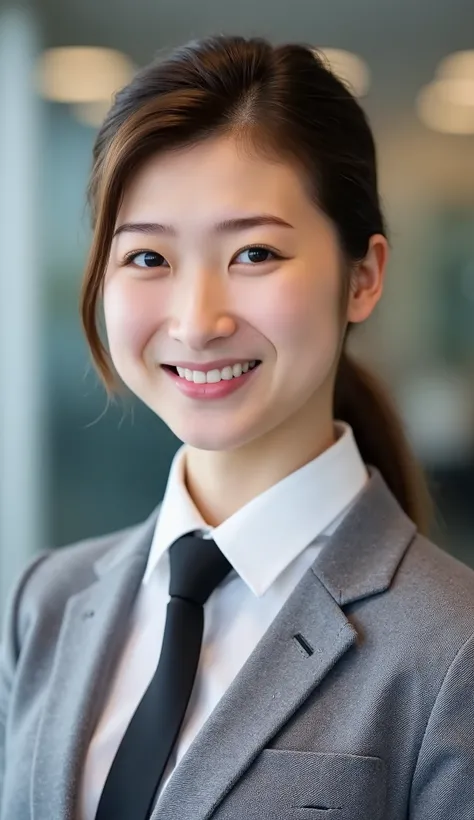 Neat Young Woman、looking at the camera、office lady suit、jacket、shirt、necktie、 髪型ボブヘア、、耳にピアス、smile showing teeth、顔のクローズアップ、The background is office
