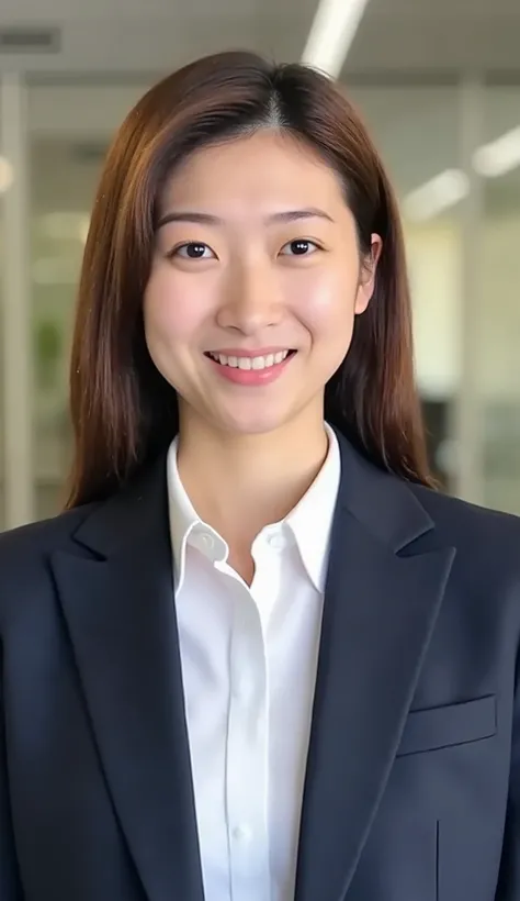 Neat Young Woman、looking at the camera、office lady suit、jacket、shirt、 髪型ボブヘア、、耳にピアス、smile showing teeth、顔のクローズアップ、The background is office
