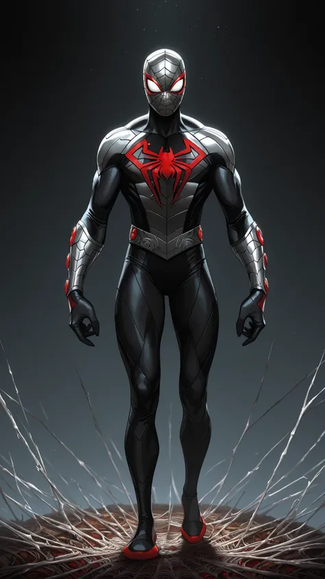 A 15-year-old Asgardian superhero in sleek armor, inspired by Spider-Man and Norse design, silver and red metallic armour, black spider emblem on chest, golden webbing on armour, metallic mask with glowing white eyes, standing heroically, cinematic day lig...