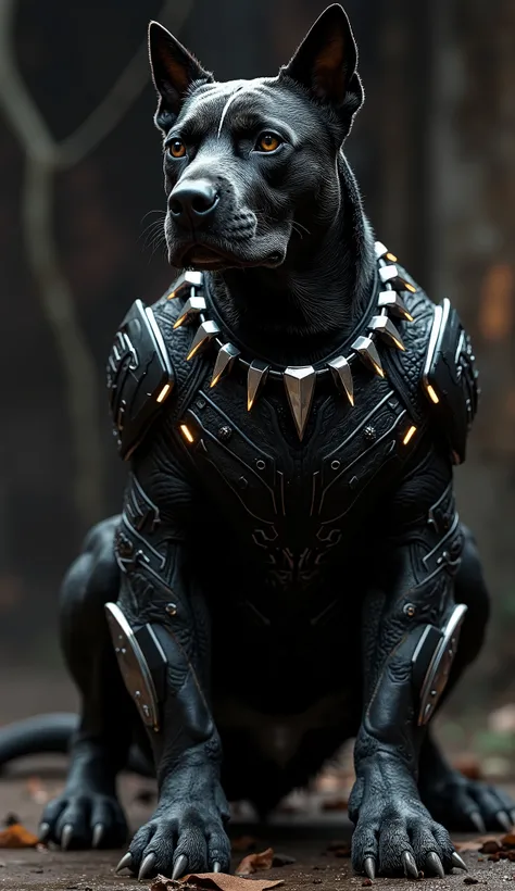 "Detailed HD image of a powerful black dog wearing a full Black Panther suit, sleek and futuristic with glowing silver accents. The dog is standing firmly on all four legs in a natural canine pose, exuding strength and elegance. The suit has a panther-like...