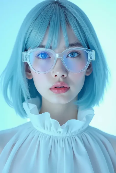 Create a highly stylized, ultra-detailed portrait of a young Asian woman with a chic, futuristic aesthetic. She has a sleek, bob haircut in a soft, pastel blue shade that perfectly matches the overall color scheme. The focus is on her face, framed by geome...