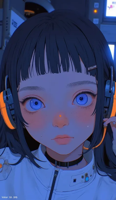 blue eyed anime girl looking at camera, realistic anime, realistic anime 3D style, on ArtStation. 4k yen, on ArtStation face, digital art on ArtStation, Realistic eyes as pictured, There is a woman wearing headphones sitting on a low-light , Makoto Shinkai...