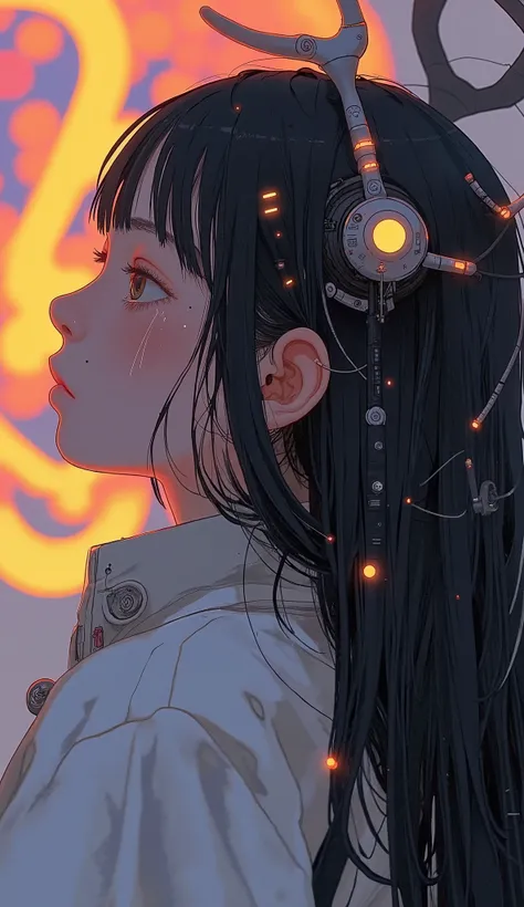 The image is of a person with long hair and shows a close-up profile of the person, Dark hair with soft reflections and subtle highlights, warm lighting. Probably part of an art work or graphic design, with a vibrant color combination、 Suggests a vibran...