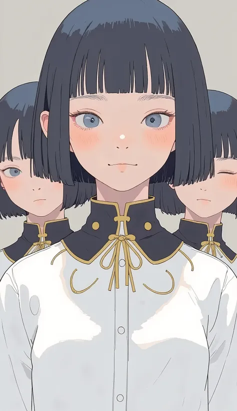 Young people have short, straight, 黒髪は首のすぐ上まinボブカットになっています. 彼らは白い服を着ていますエレガントなデザインin, in、prominent black collars. with thin gold trim on the collar, contrast is effective. gold ribbons are carefully tied in front of the collar, enhances the overall aesthet...