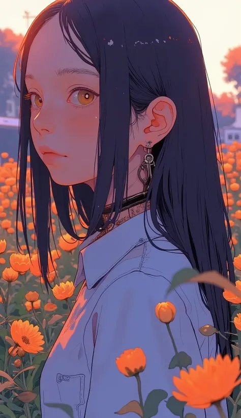 The image is of a person with long hair and shows a close-up profile of the person, Dark hair with soft reflections and subtle highlights, warm lighting. Probably part of an art work or graphic design, with a vibrant color combination、 Suggests a vibran...