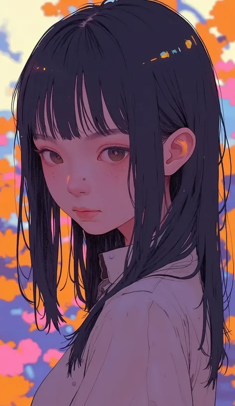 The image is of a person with long hair and shows a close-up profile of the person, Dark hair with soft reflections and subtle highlights, warm lighting. Probably part of an art work or graphic design, with a vibrant color combination、 Suggests a vibran...