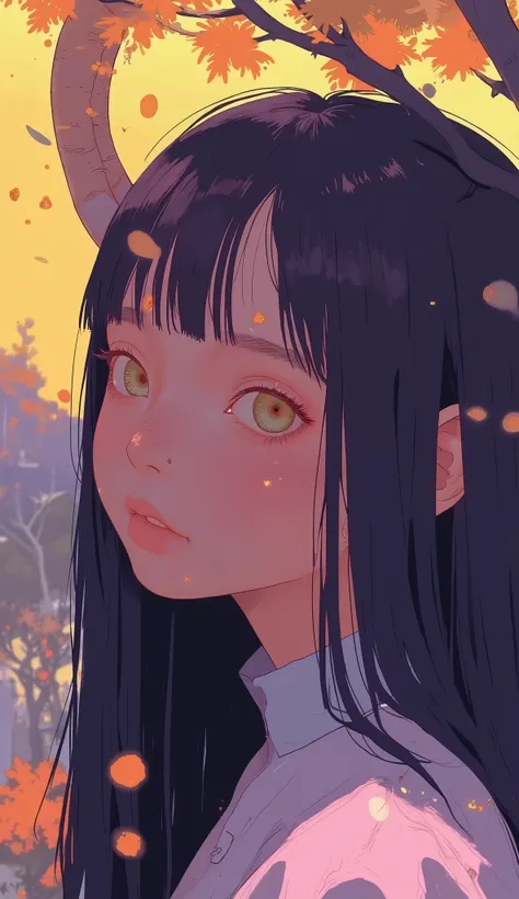 The image is of a person with long hair and shows a close-up profile of the person, Dark hair with soft reflections and subtle highlights, warm lighting. Probably part of an art work or graphic design, with a vibrant color combination、 Suggests a vibran...