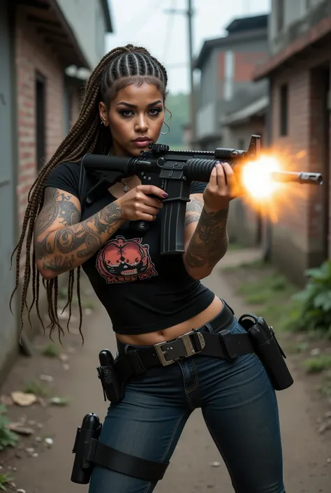 Uma mulher sexy, com seios grandes, athletic body and thick thighs, Are you in combat position holding an M16 rifle in shooting position. She wears a tight black t-shirt printed with a cartoon character, combined with tight jeans, In addition to bracelets,...
