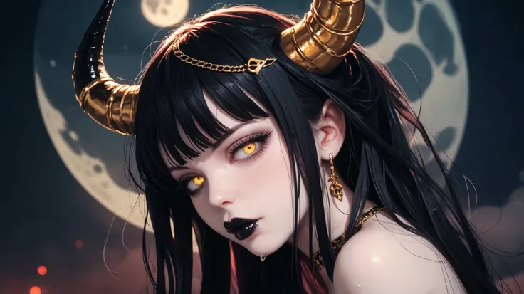 girl , one ,  succubus, sexual propaganda ,pale skin, nude, nipples, cute face, nude, sadness, large black golden curved horns, black long hair,  glowing yellow eyes ,  seductive eyes, finger on lips , demon tail, black liquid on body , gold patterns, Shin...