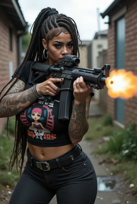 Uma mulher sexy, com seios grandes, athletic body and thick thighs, Are you in combat position holding an M16 rifle in shooting position. She wears a tight black t-shirt printed with a cartoon character, combined with tight jeans, In addition to bracelets,...