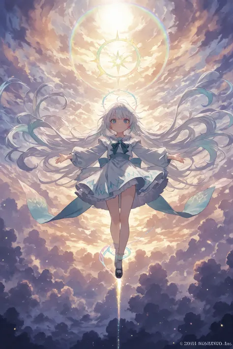 Stunning anime illustration featuring Sylvia Rainbow in epic rainbow magic casting scene, beautiful16-year-old girl with extremely long silver-white hair cascading down with distinctive rainbow highlights of pink, orange, blue, purple, green visible throug...