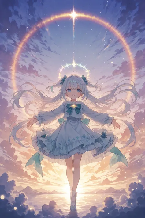 Stunning anime illustration featuring Sylvia Rainbow in epic rainbow magic casting scene, beautiful16-year-old girl with extremely long silver-white hair cascading down with distinctive rainbow highlights of pink, orange, blue, purple, green visible throug...