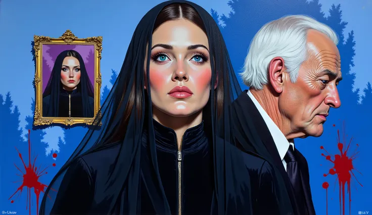 YouTube thumbnail, colorful oil painting with prominent brushstrokes, featuring an image of a beautiful, very proud woman in black, with blue eyes and a very transparent black veil over her face. On a smaller scale, the image of an elderly man with white h...
