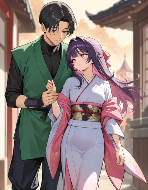 Masterpiece, cute, romantic, high resolution, two people, couple, adult, height difference, unique fashion, lovers, date, walking side by side, male characteristics (ninja, green ninja uniform, three-quarter length, tsuba, purple hair, short hair, brown ey...