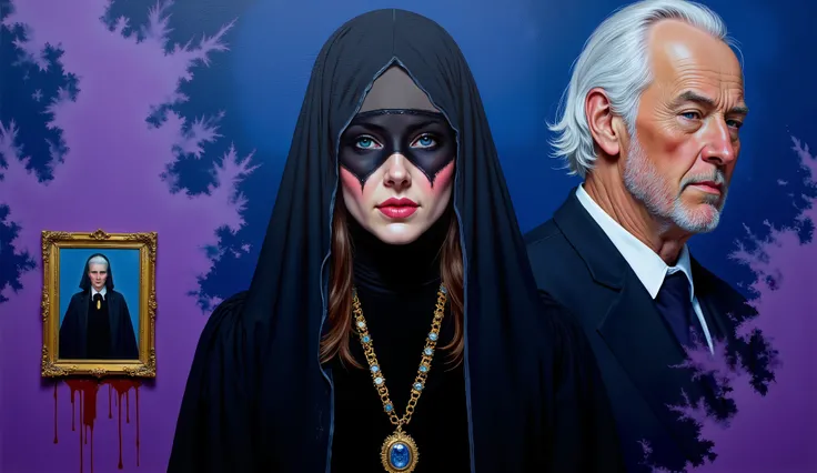 A colorful oil painting with prominent brushstrokes depicting a beautiful and very proud woman dressed in black, with blue eyes and a very transparent black veil over her face. On a smaller scale, next to it, is the image of an elderly man with white hair,...
