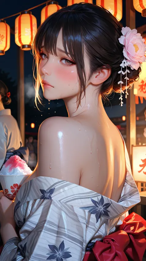 Super Quality, Realistic, photorealistic, Snow Woman Blushing Her Cheeks in the Heat, Thin Yukata Sticking to the Skin with Sweat, Open Shoulder, Drops of Sweat Shining on Her Nape, sad expression, Glossy Lips, Disheveled Collapse, Scented Pose, A Bewitching Figure Illuminated by the Light of a Lantern, Melting Shaved Ice, Hot and Hot Summer Festival Atmosphere, Composition That Feels Sex Appeal, sensual summer night, bustling at the festival