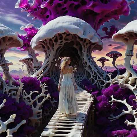 A woman in a white dress walking across a bridge made of bones in the middle of a field of purple flowers, Psilocybin psychedelic, magical colors and atmosphere, a magic world. Colorful, beautiful composition 3d_render, 4k, fantasy style 8k octane render, ...