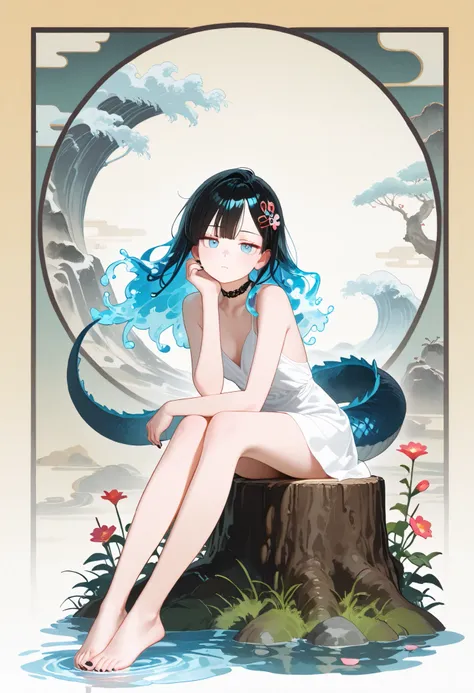 1girl, skyblue eyes, jitome(0.5), black hair, White gradient, Long back, water hair, liquid hair, Hair that turns into water, Hair that turns to liquid, Hairpin, thick dragon tail, flat Breast, loose white one piece dress, Choker, black nail polish, bare f...