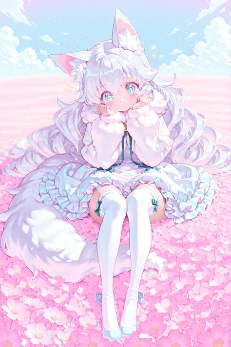 Highest Quality, masterpiece, Ultimate Resolution, 1girl, Shoujo Beast Man, Wolf ears, Fluffy tail , long hair,  Silver Hair, big eyes, sparkling eyes, adorable expression, Frill Dress, pastel colors, Ribbon Embellishment , knee-high socks on a wide bed, f...