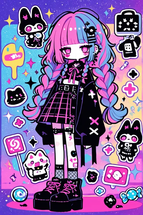 
Woman, solo, colorfulな爪, rimless,pink eyes, long hair,hair ornaments, hairpin、ribbon, colorful, pop background、multi-colored hair, Full Body、Sparkling Makeup on Her Face、Harajuku、gothic punk、Highest Quality、upper body、candy、braids