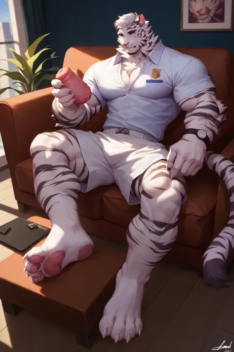 high quality, Super clear, Extreme Details, Professional grade     , stands downtown during realistic,    white tiger，    white tigers ,  uncle,      chest hair, Bearded, Anthropomorphic, white hair,      white tiger, pink meat pad,    thin body,   showing...
