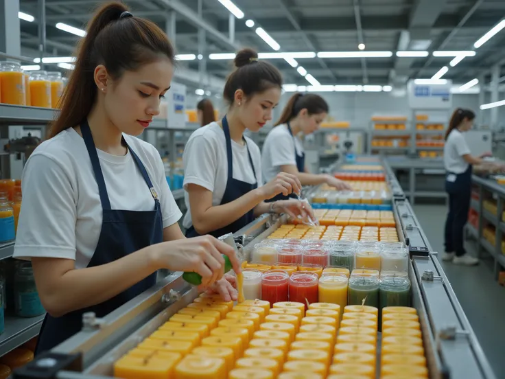 Ultra-realistic 4K image of Ukrainian women working in a candle factory. They are producing candles: pouring wax, adding colors and fragrances, placing candles on a conveyor, wrapping finished candles, and checking quality. The factory is clean and modern,...