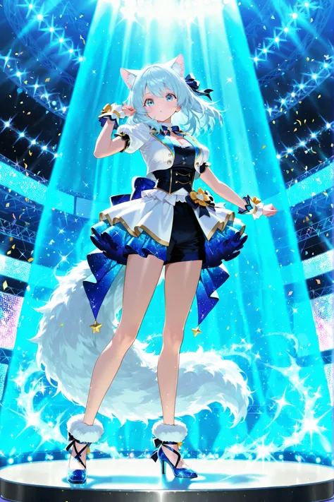 Super Quality, Overwhelming Resolution, Delicate Expression, Beast Ears Girl , Ample and beautiful breasts,Fluffy tail, medium hair, light blue hair, Cat Eyes, idol costume, Sparkling decorations, stage costume, High Heels, Idol Pose, Stage Background, spo...