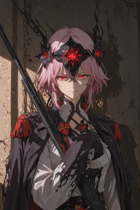 (black mist head:1.44), glowing eyes, holding rifle,FreischutzPM, against the wall, (looking at viewer, portrait shot:1.22),  (medium shot, three quarter shot:1.3), (1girl:0.95), solo, masterpiece, best quality, amazing quality, very aesthetic, high resolu...