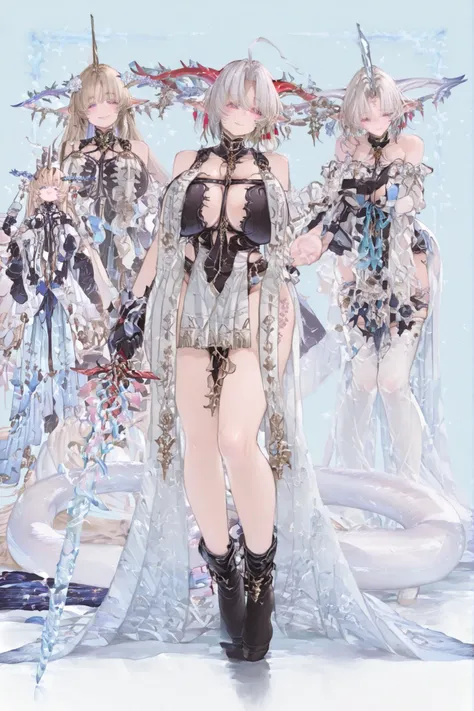   8k wallpaper、    top quality 、masterpiece、   748cm スThailandル   、    woman 1 person 、ribbon 、  pantyhose、 black knee socks 、 strap 、 Thailand、 skirt、  pantyhose、、 white hair with blue lines、pink albino eyelashes   、   long hair、  Underbob  、blue eyes wit...