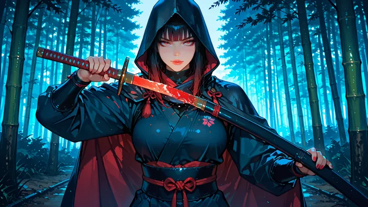 ,holding sword unsheathing,Kendo girl with a touch of ink painting and kanji aestetics、Japanese girl holding a bamboo sword with a dignified expression、dressed in a black red ninja kendo suit、shinobi hood, cape, forest  winter dojo with white tiger looking...